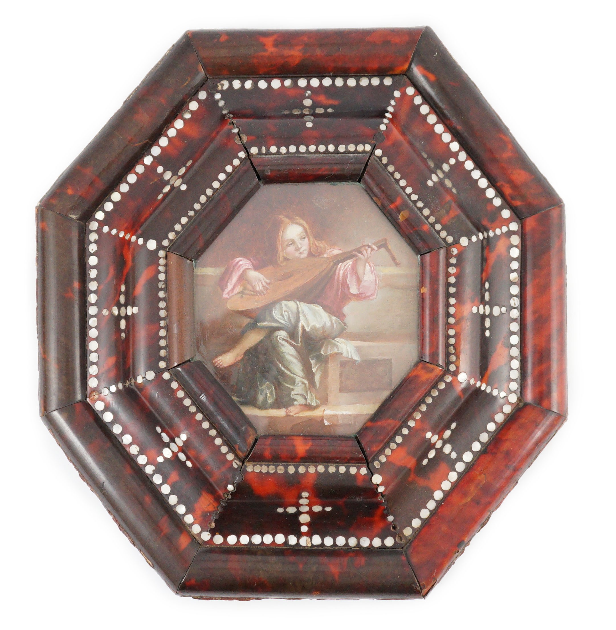 18th century Continental School, A youth playing a large lyre, oil on copper, 11.5 x 10.5cm, Indo-Portuguese mother of pearl inset tortoiseshell frame